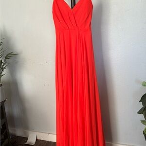 Lulu's Red Ruched V-Neck Maxi Gown